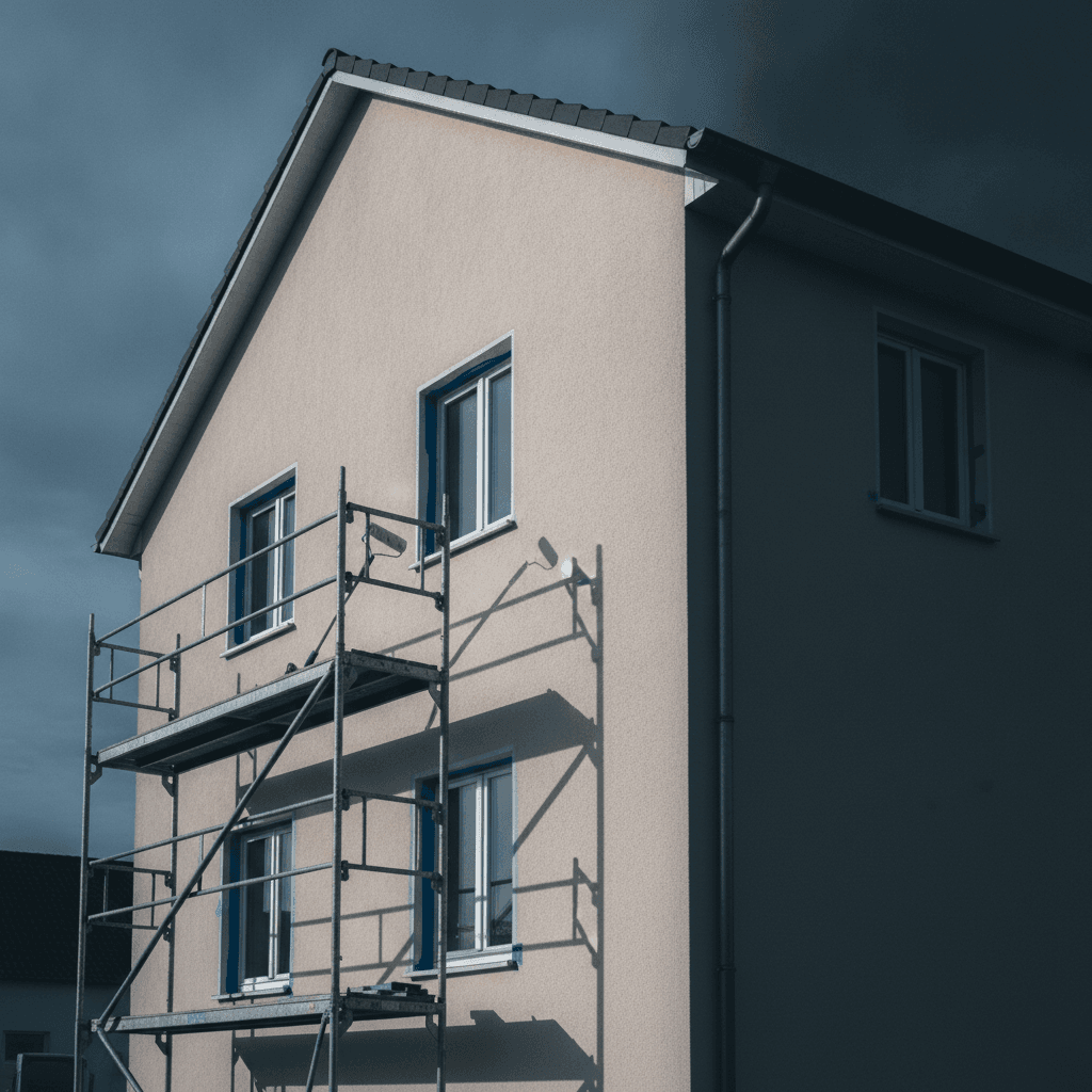 Hausgiebel mit heller Putzfassade und davorstehendem Aluminium-Fahrgerüst, Fenster abgeklebt